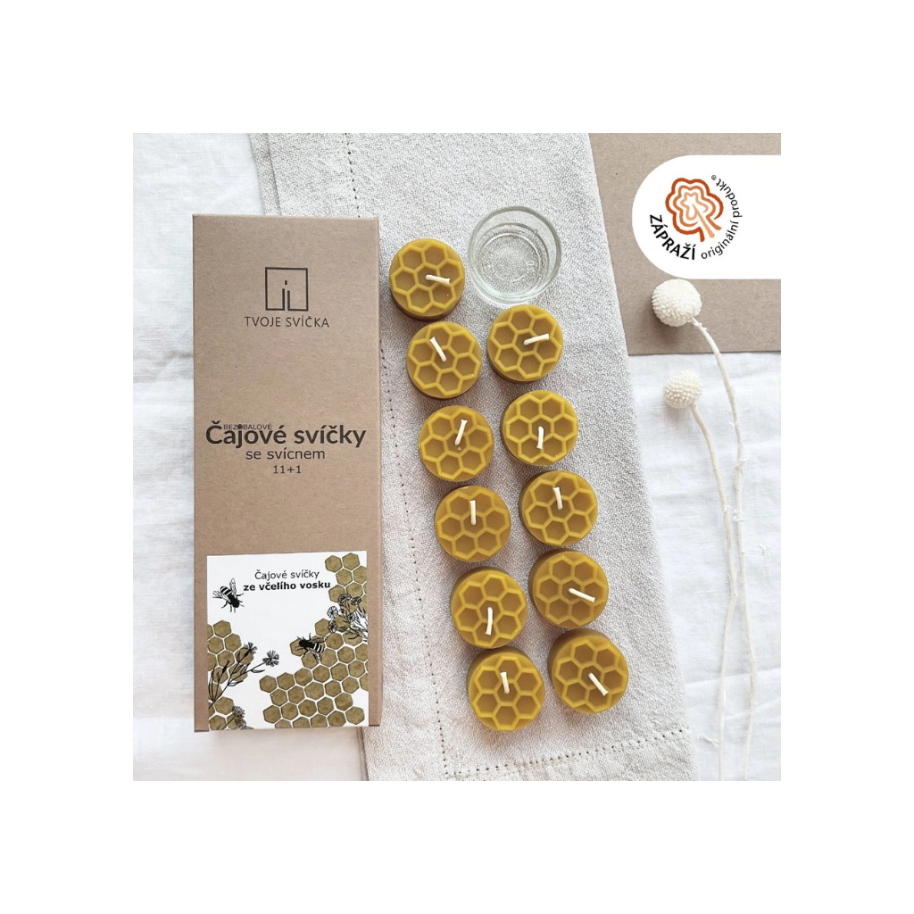 Tvoje Svíčka Čajové svíčky z včelího vosku se svícnem 11 ks