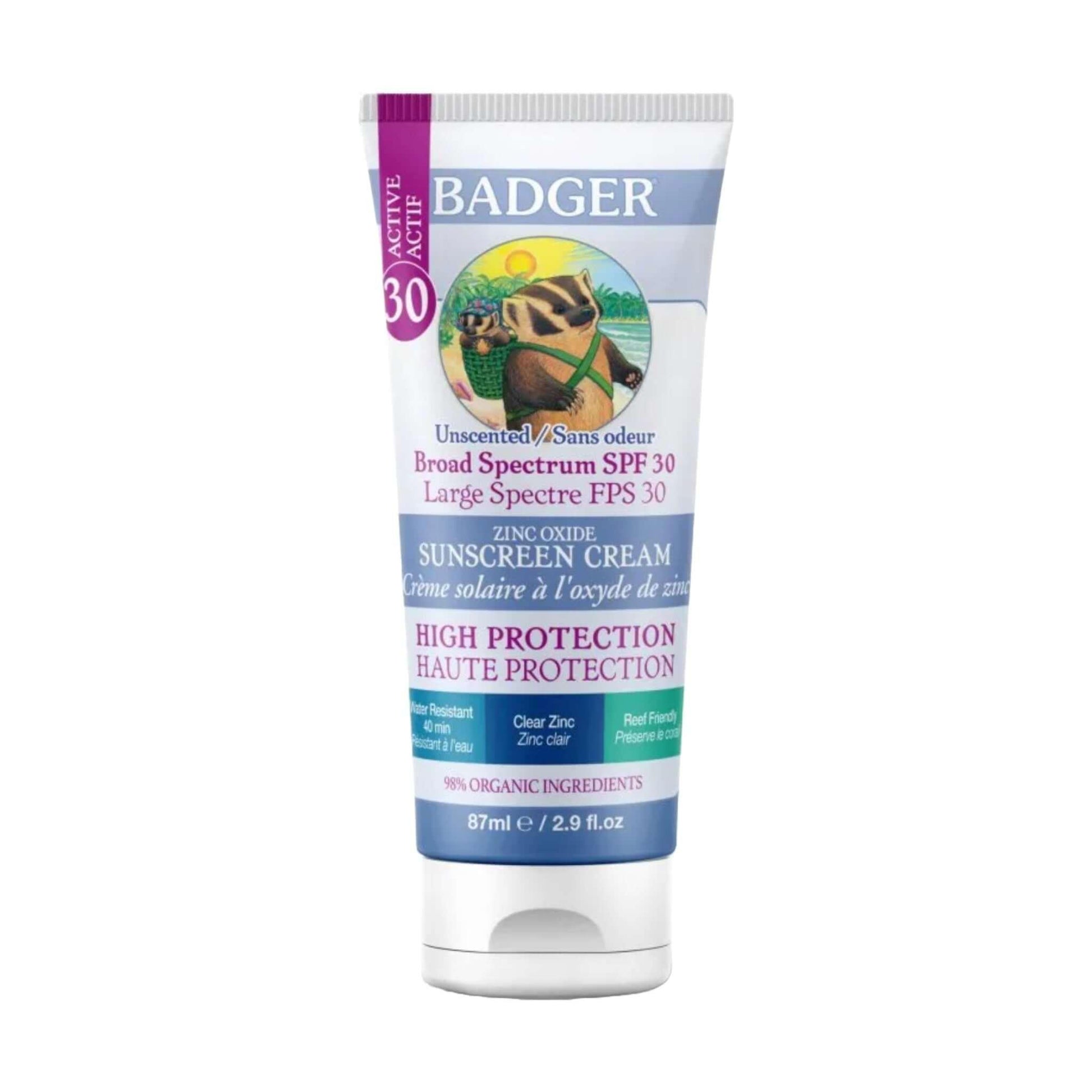 Badger opalovací krém SPF 30 bez parfemace s minerálním filtrem oxidu zinečnatého pro citlivou pokožku.