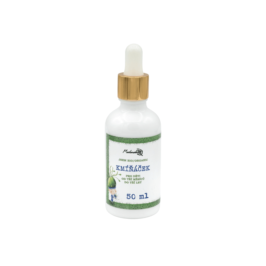 Medarek Kmíňáček Bio, 50 ml, bylinný olej pro šetrnou péči o bříško a pokožku miminek, 100% přírodní.