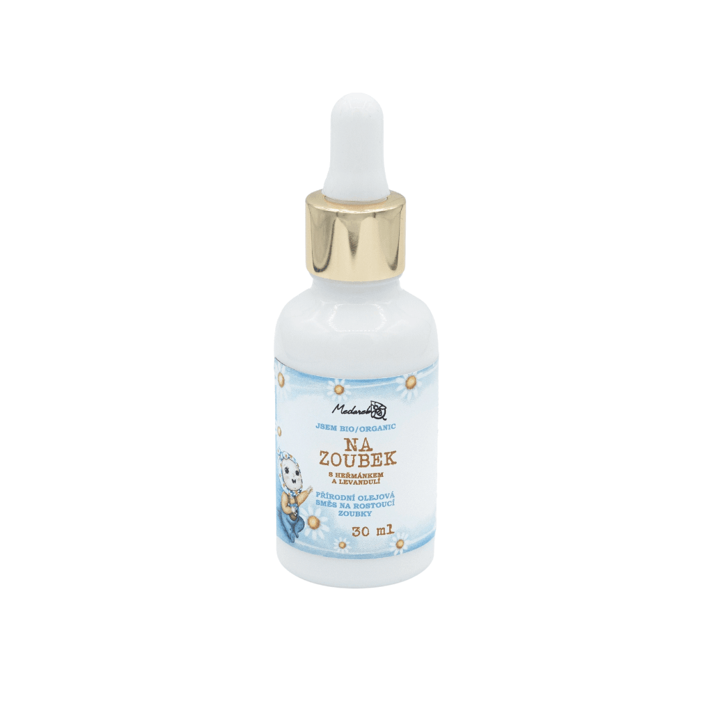 Bio olej Na Zoubek 30 ml s heřmánkem a levandulí pro jemnou péči o pokožku miminek.