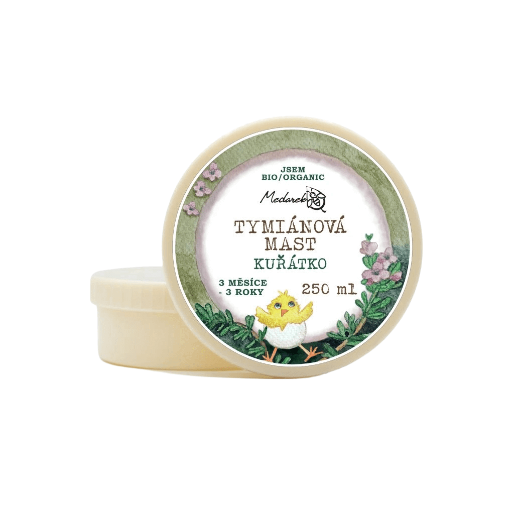 Medarek Tymiánová mast Kuřátko, 250 ml, přírodní péče pro děti od 3 měsíců, vhodná při sychravém počasí.