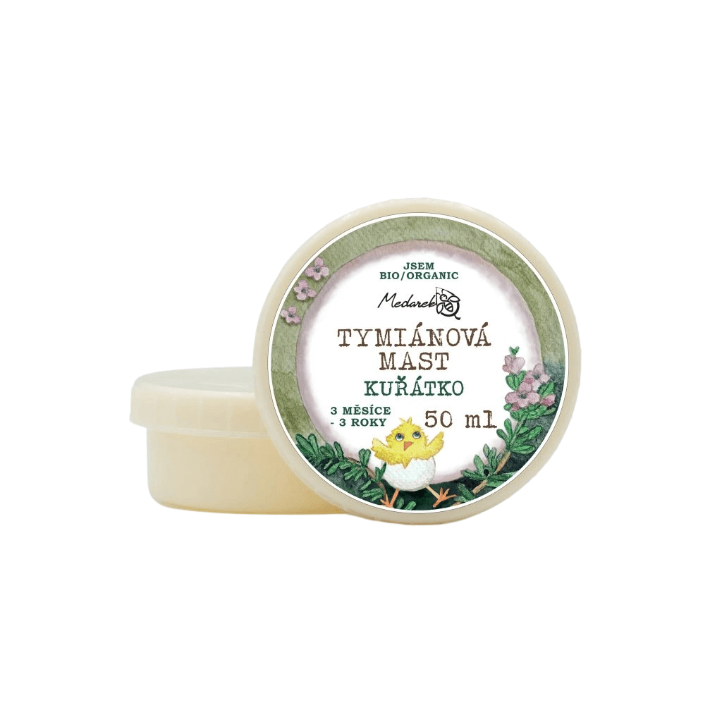 Tymiánová mast Medarek Kuřátko 50 ml, přírodní produkt pro děti od 3 měsíců, ideální na záda a hrudník.