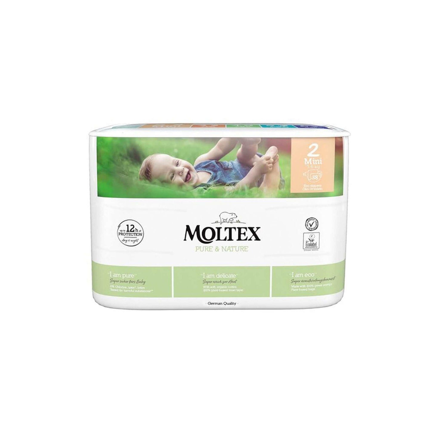 Obal jednorázových non-toxic plenek Moltex, velikost 1-6, vyrobeno z přírodních zdrojů, bez parfémy.