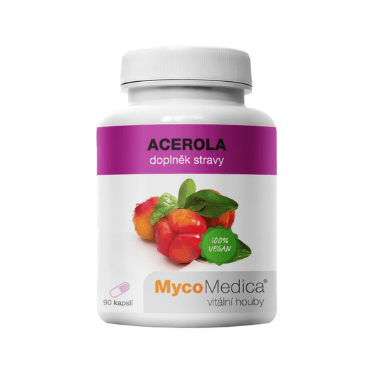 MycoMedica Acerola 90 kapslí - přírodní zdroj vitamínů, podporuje vstřebávání vitálních hub, 100% vegan.