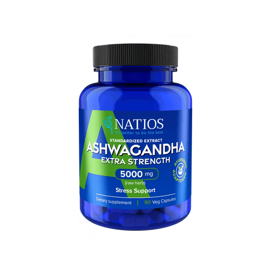 NATIOS Ashwagandha 5000 mg extra silný extrakt v modré lahvičce, 90 veganských kapslí pro podporu před stresem.