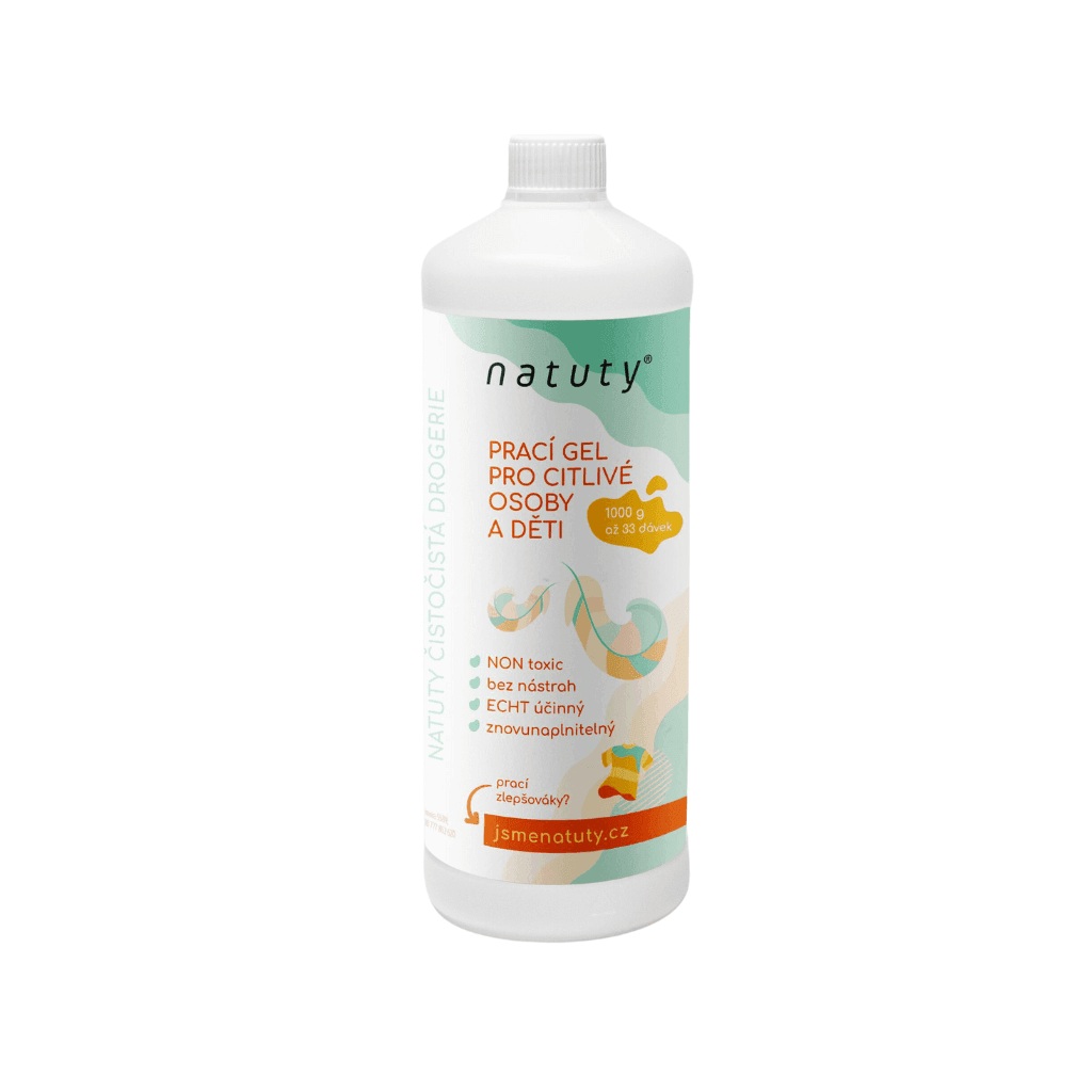 Prací gel Natuty pro citlivé osoby a děti 1 l, hypoalergenní, non-toxic, ideální pro ruční a strojní praní.