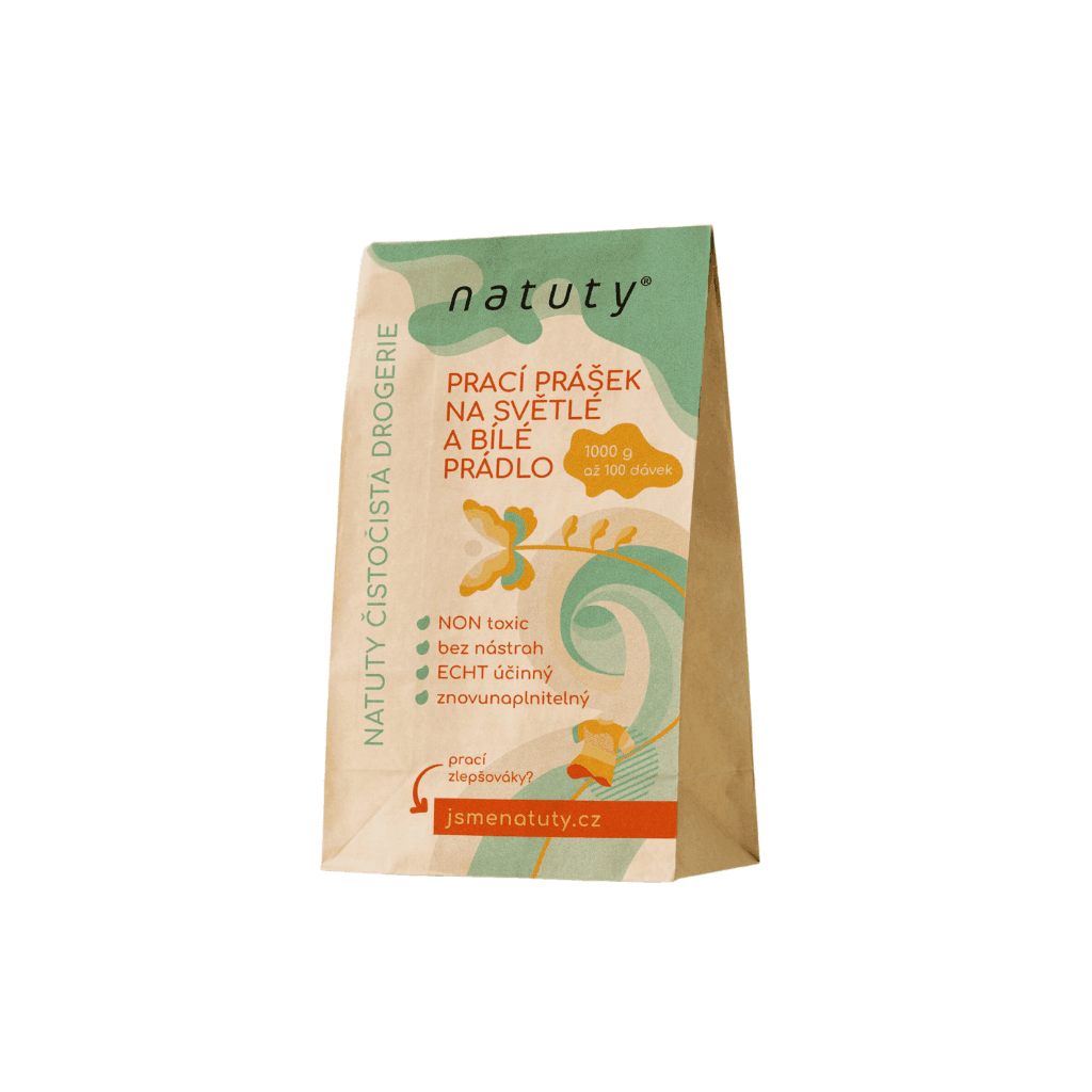 Natuty prací prášek na světlé a bílé prádlo, 1 kg balení, non toxic, účinný na skvrny, bez zbytečné chemie.