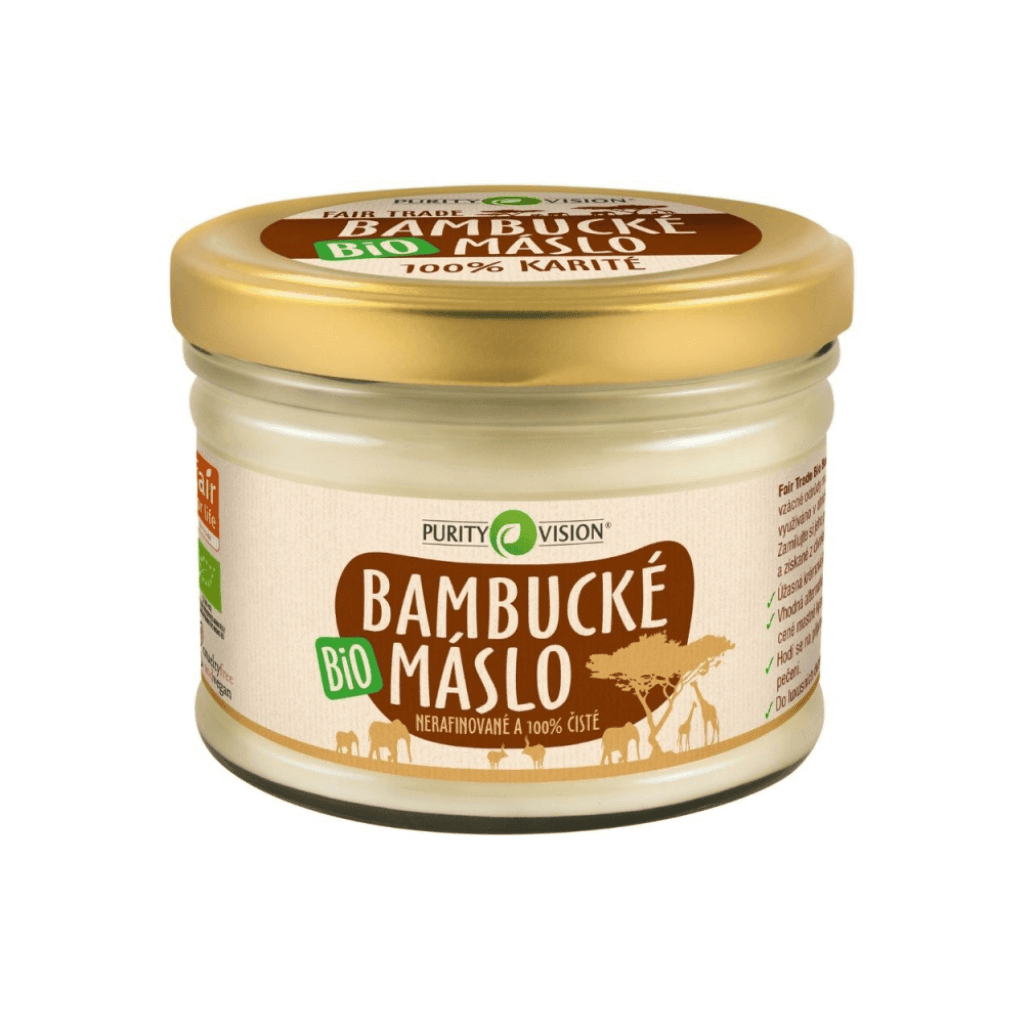 Bio bambucké máslo Purity Vision v skleněné nádobě, 100% čisté a přírodní pro citlivou pokožku.