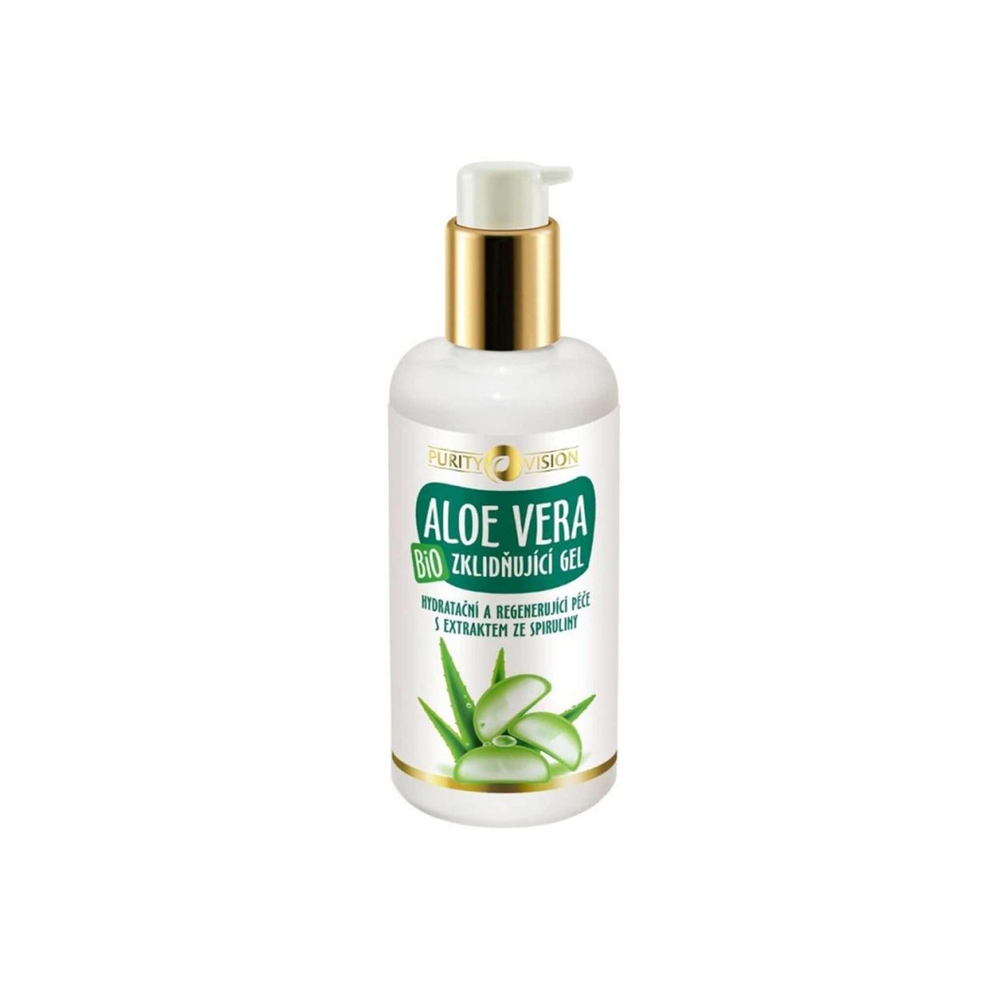 Purity Vision Zklidňující Aloe Vera gel 200 ml s extraktem ze spiruliny pro hydrataci a regeneraci pleti.