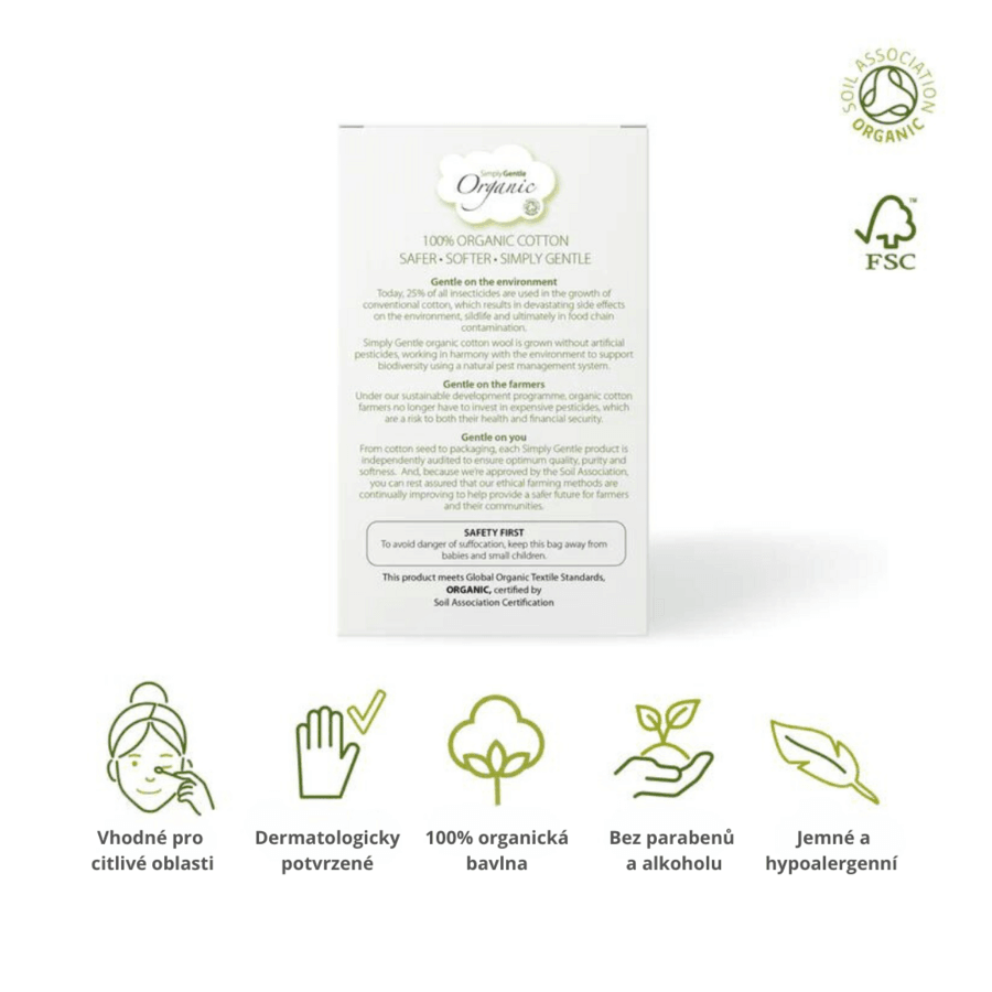 Obal Simply Gentle organických vatových tyčinek s informacemi o hypoalergenním složení a certifikacích.