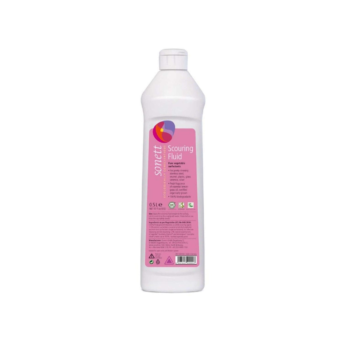 Sonett čistící tekutý písek 500 ml v bílé lahvi s růžovým etiketou, ideální na čištění odolné špíny.