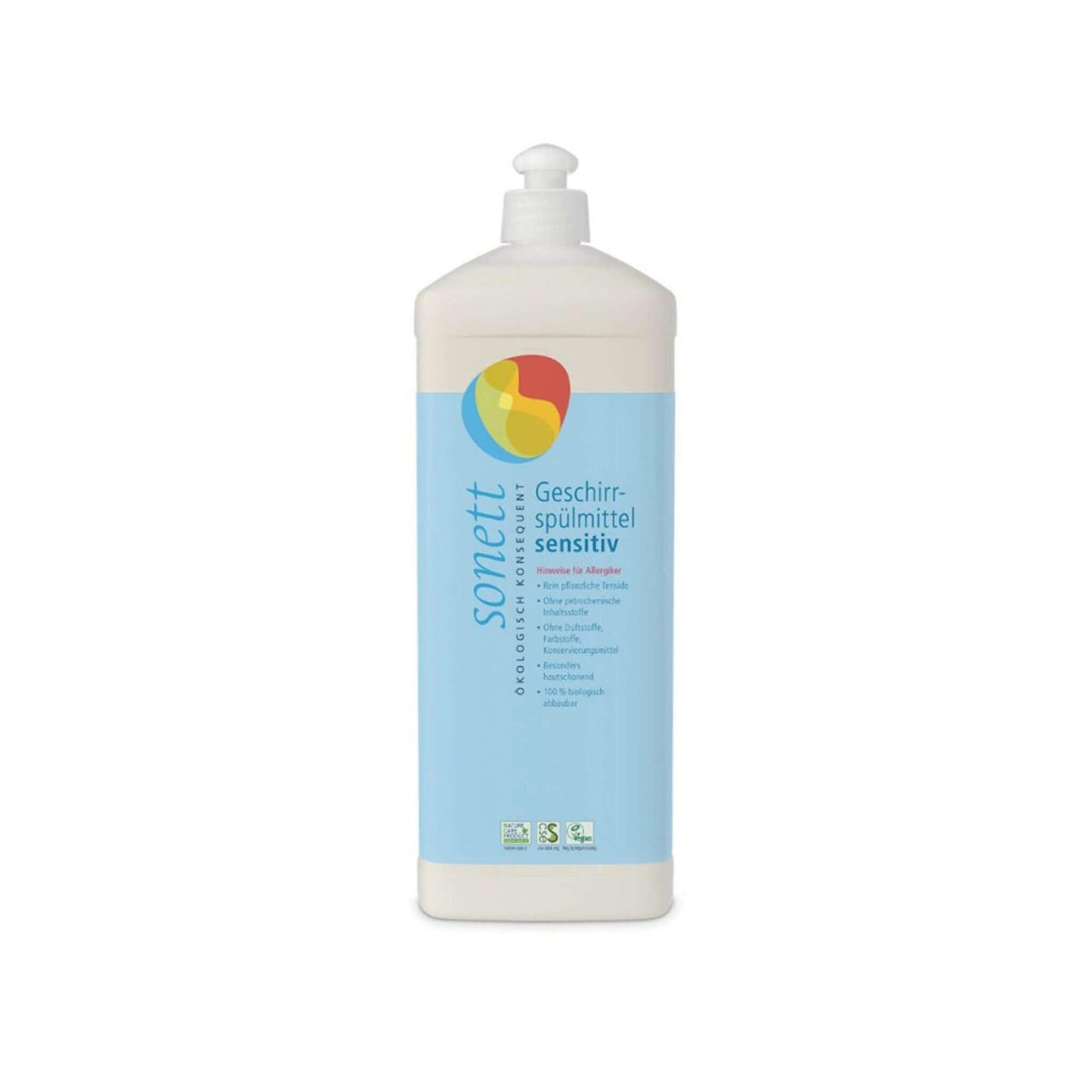 Sonett Sensitive gel na nádobí pro citlivou pleť a alergiky, efektivně odstraňuje mastnotu.