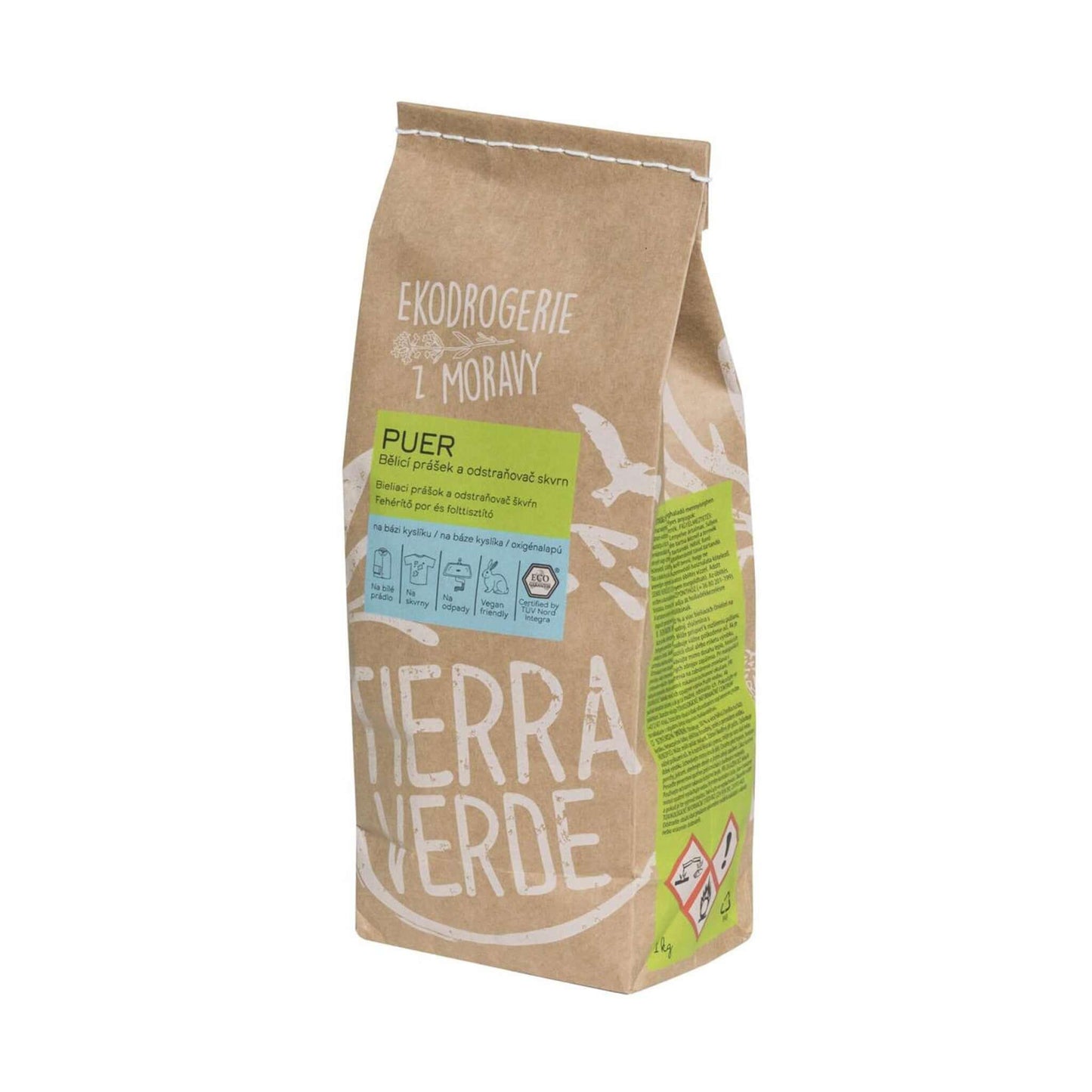 Tierra Verde bělící prášek PUER na bázi kyslíku, ekologické odstraňování skvrn bez chemických zjasňovačů.