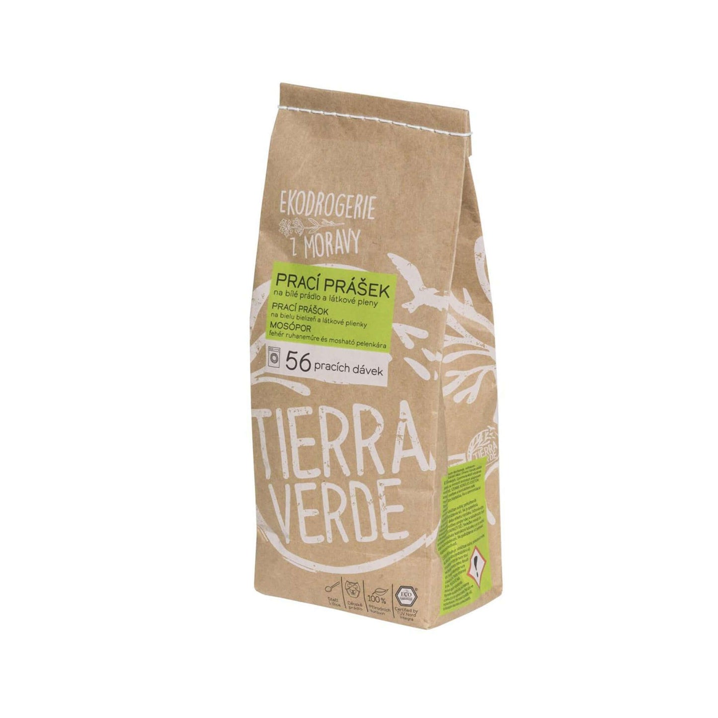 Prací prášek Tierra Verde v ekologickém balení na bílý a stálobarevný textil, vhodný pro děti a přírodní tkaniny.