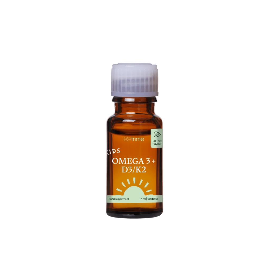 Trime Dětské Omega 3 + vitamín D3/K2 31 ml v hnědé skleněné lahvičce pro zdraví dětí bez lepku a laktózy.