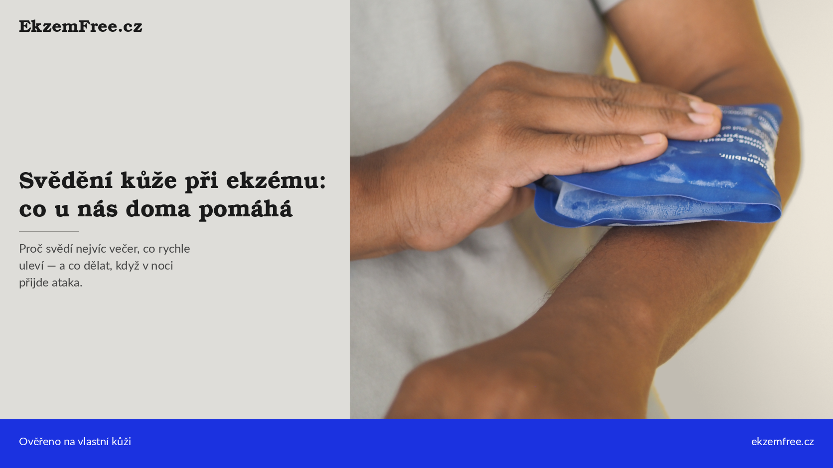 Chladivý gelový polštářek přiložený na předloktí — úleva od svědění při ekzému