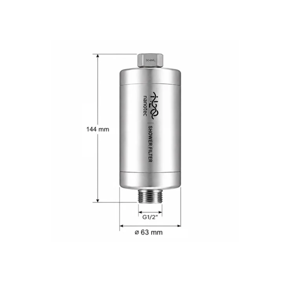 H2O nanotec sprchový filtr na snížení obsahu chlóru ve vodě, rozměry