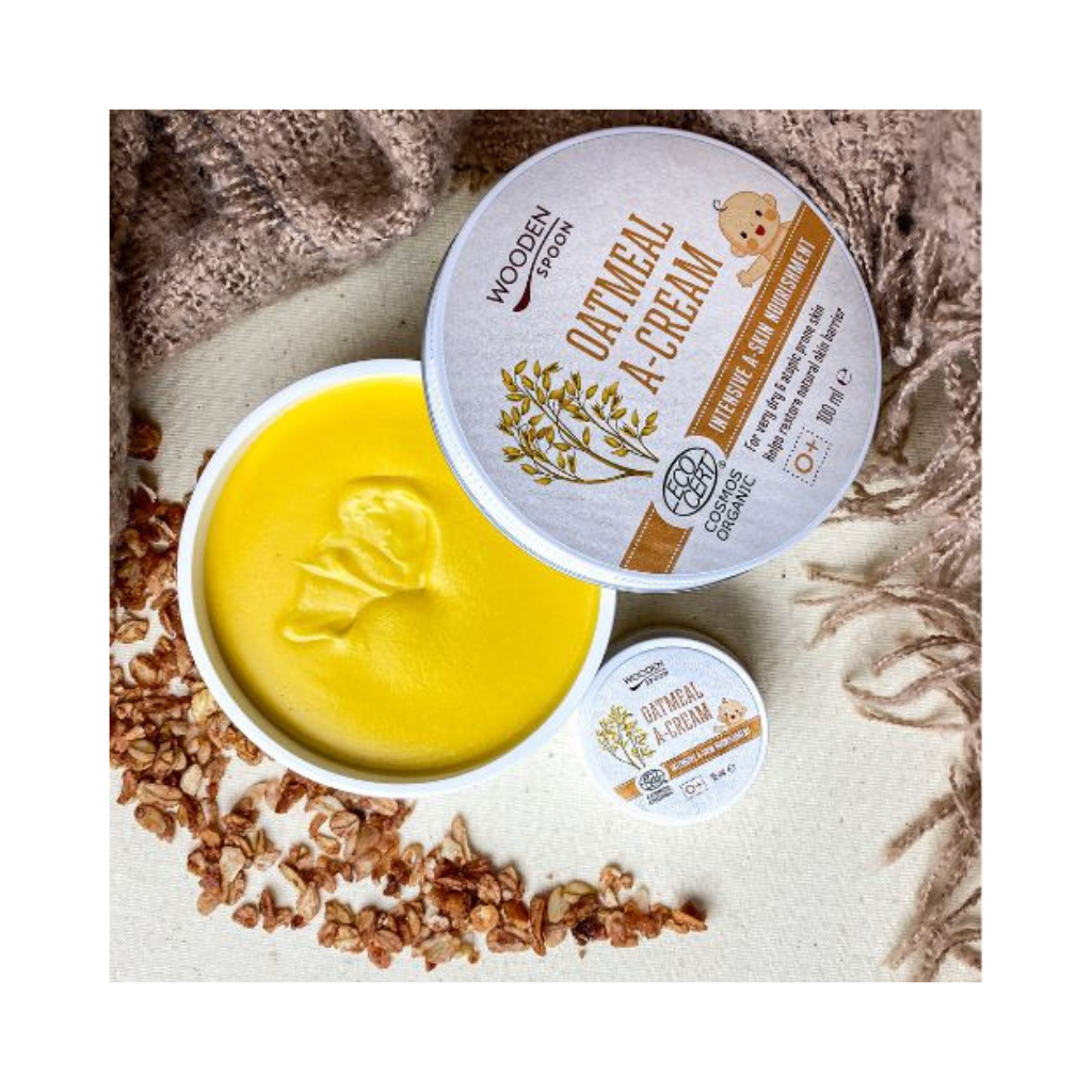 Hydratační máslo Wooden Spoon s ovesnými vločkami pro citlivou pleť, ideální pro atopickou dermatitidu.