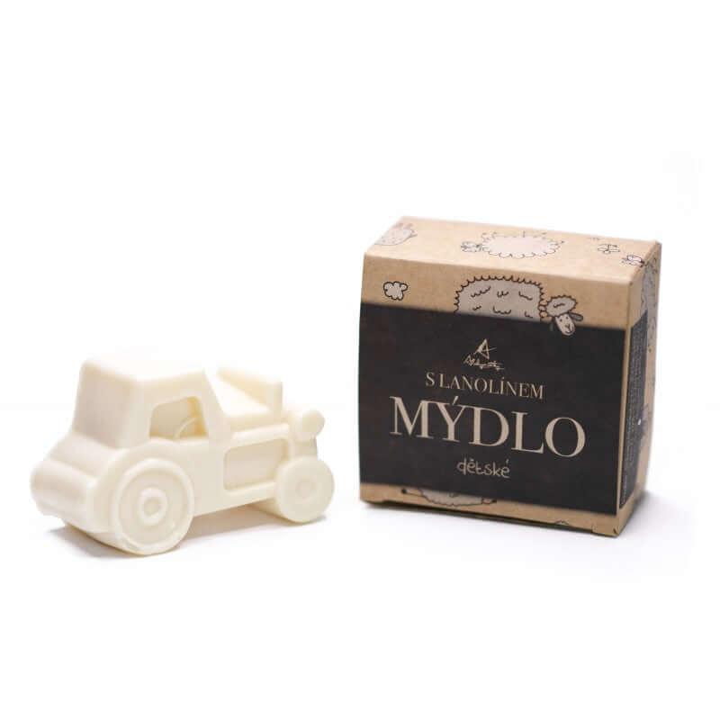 Dětské mýdlo s lanolinem ve tvaru traktoru, šetrné k citlivé pokožce, vhodné od narození.