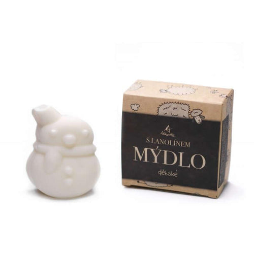 Dětské mýdlo s lanolinem ve tvaru sněhuláka, šetrné pro citlivou pokožku, 55g, bez parfemace.
