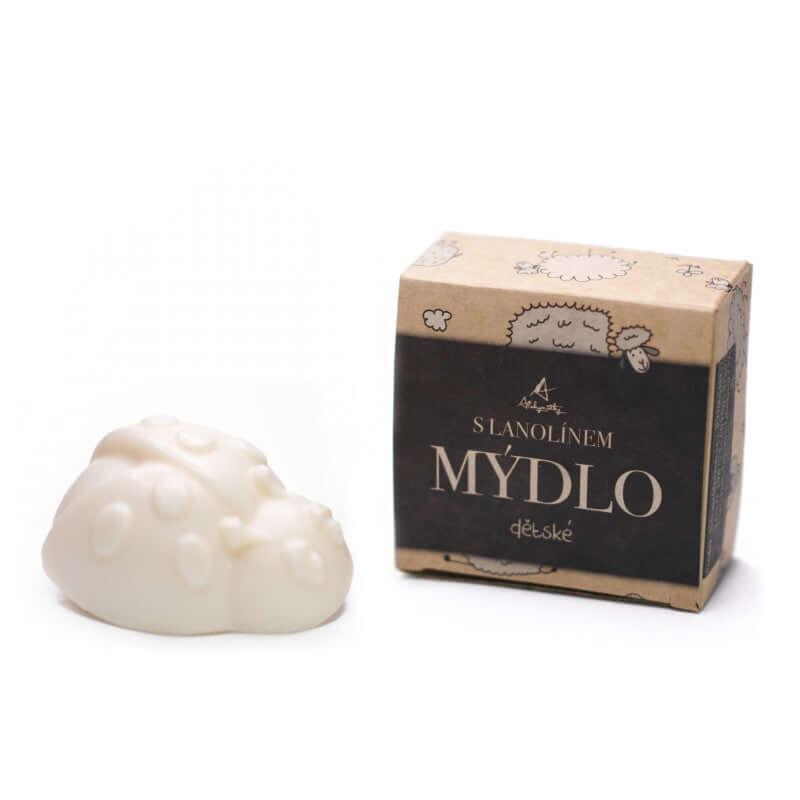 Jemné dětské mýdlo s lanolinem 55g v přírodní krabičce, vhodné pro citlivou pokožku od narození.