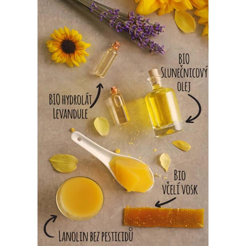 Přírodní ingredience pro Alchymistky Dětské tělové mléko: BIO levandulový hydrolát, slunečnicový olej a včelí vosk.