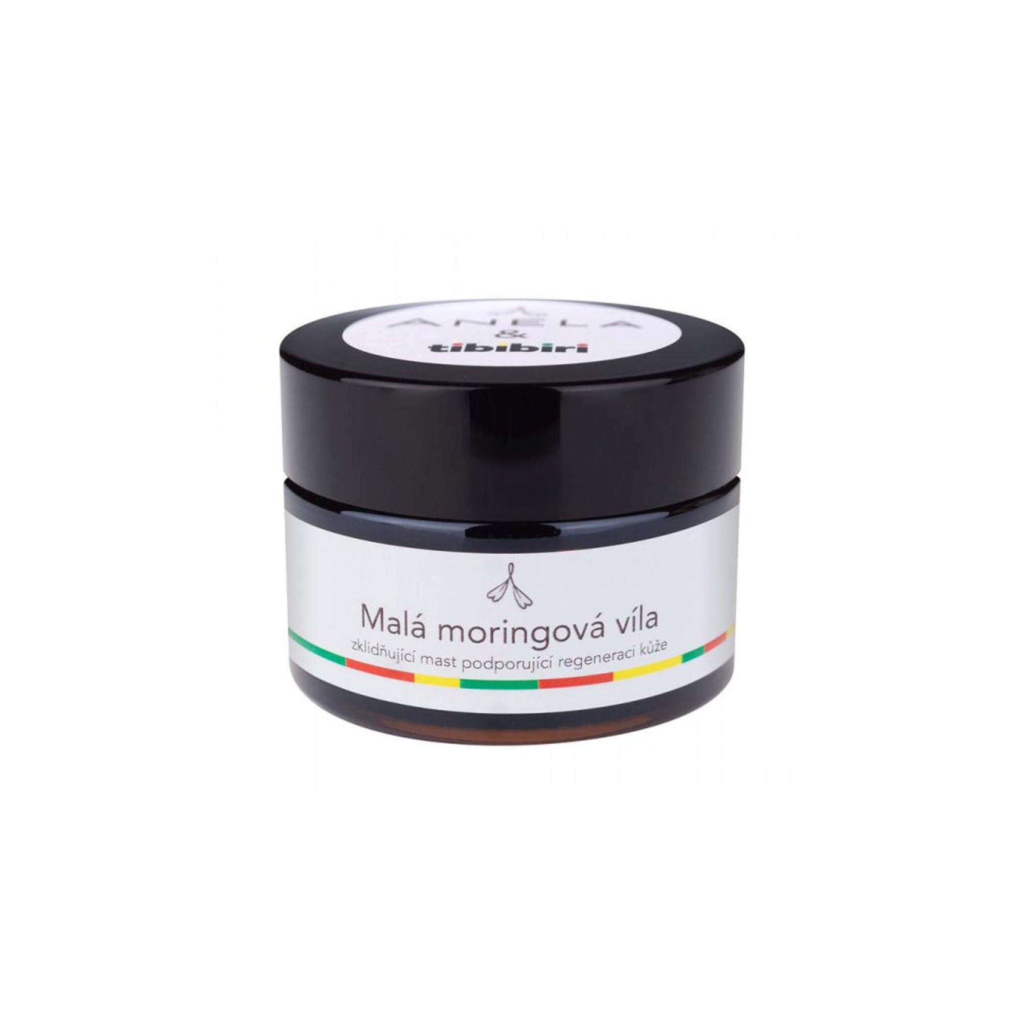 Malá moringová víla zklidňující mast pro regeneraci kůže, bohatá na moringový olej a esenciální oleje.
