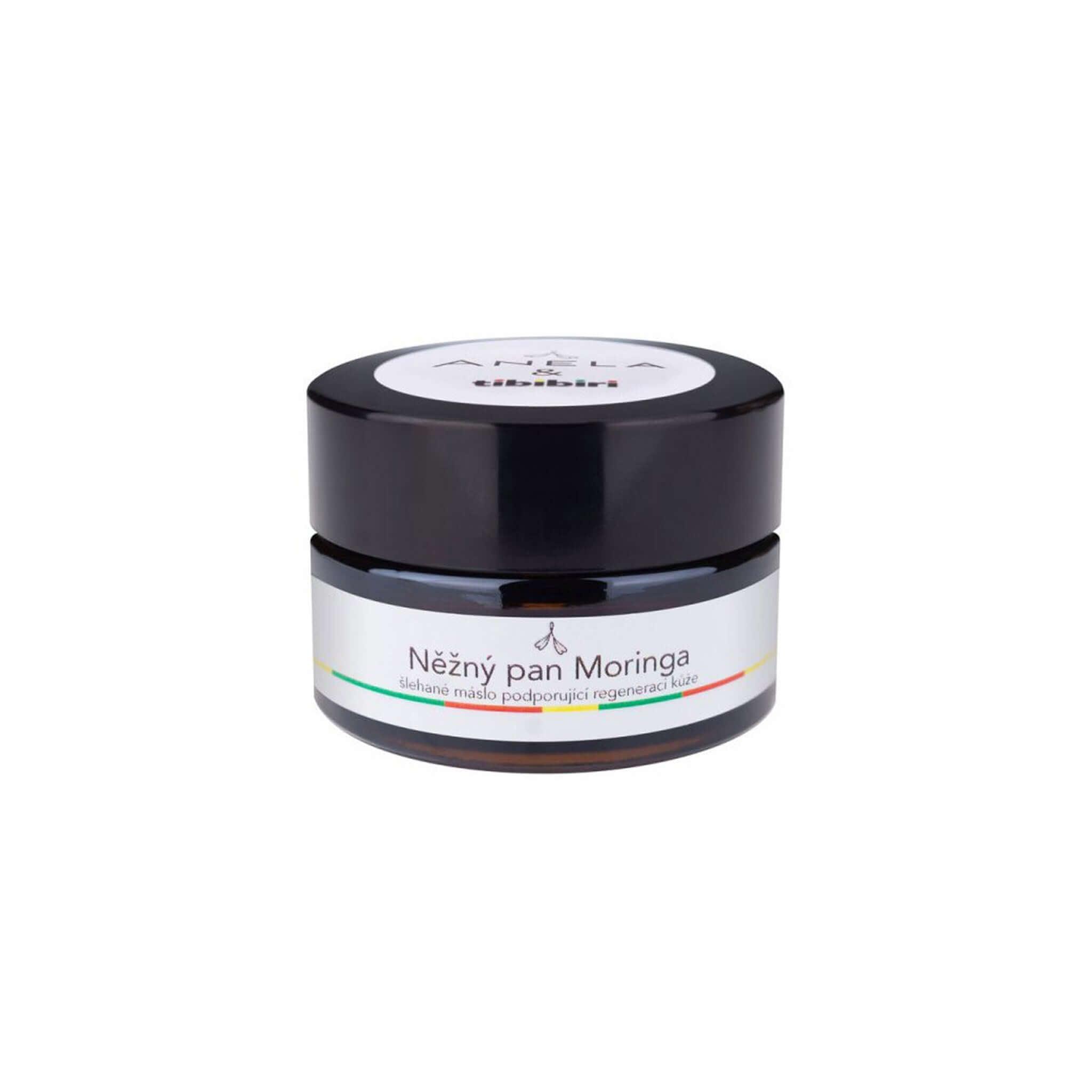 Anela Něžný pan Moringa šlehané máslo v černém balení pro regeneraci citlivé pokožky, vhodné i pro děti.