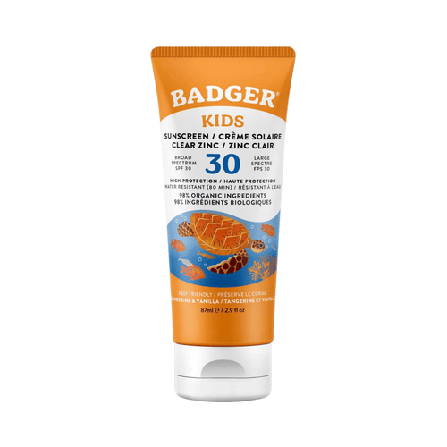 Badger Kids Clear Zinc SPF 30 - přírodní opalovací krém bez chemie pro citlivou dětskou pokožku, 87 ml. Vůně citrusy a vanilka.