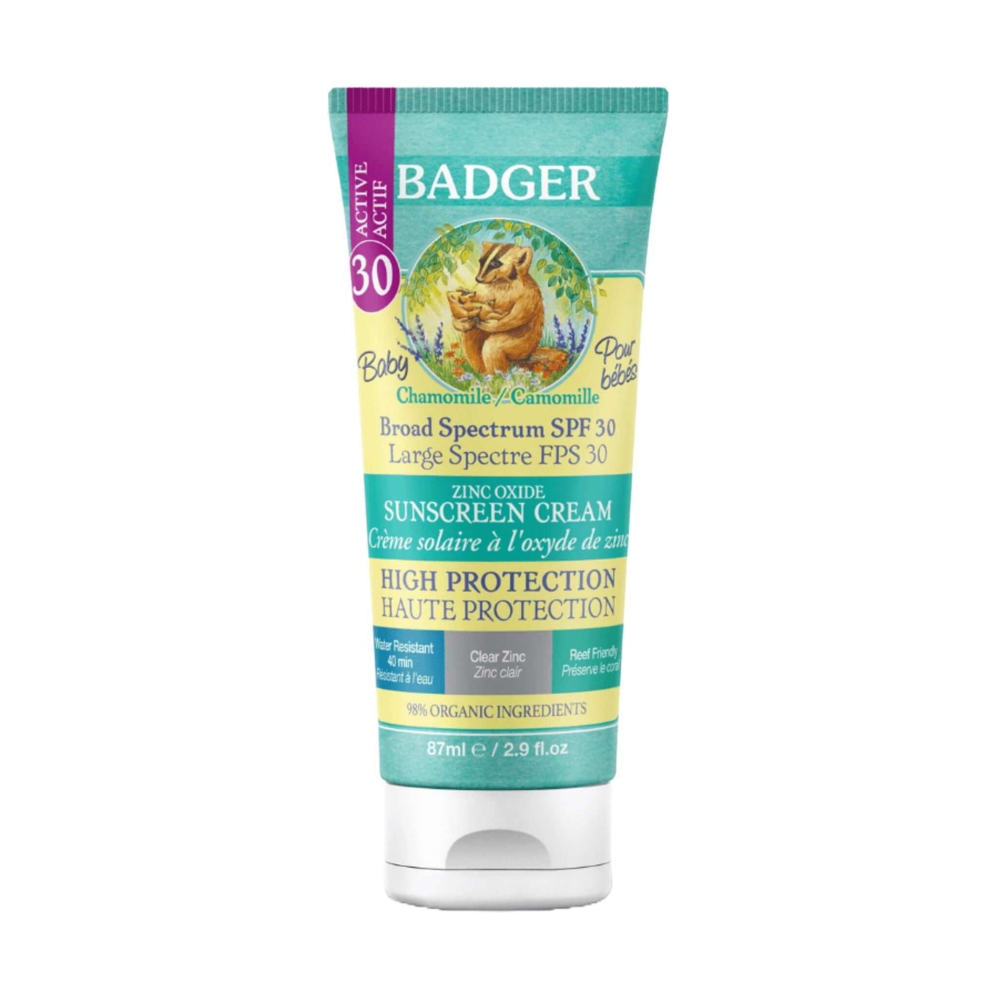Badger Opalovací krém SPF 30 heřmánek a měsíček 87 ml, minerální ochrana pro celou rodinu, neparfémovaný a voděodolný.