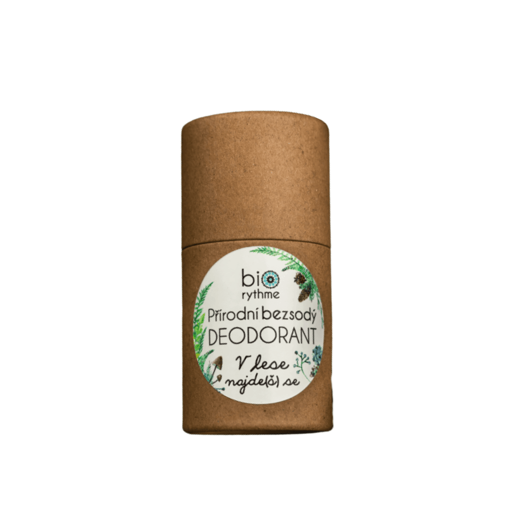Přírodní deodorant bezsodý V lese najde(š) se od Biorythme v ekologickém obalu s dřevitou vůní přírody.