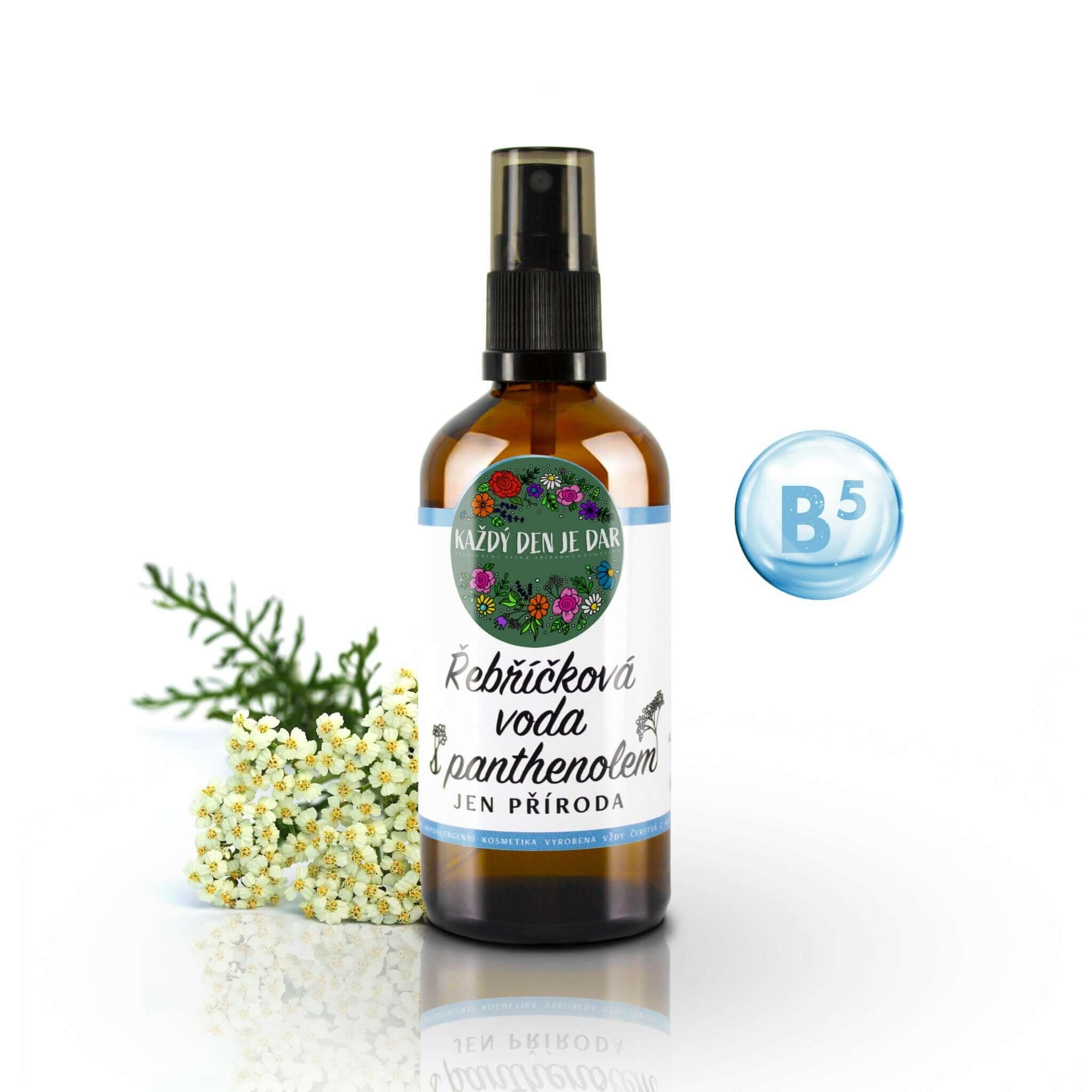 Řebříčková voda s panthenolem na pleť a vlasy pro hojení akné a ekzému, přírodní kosmetika.