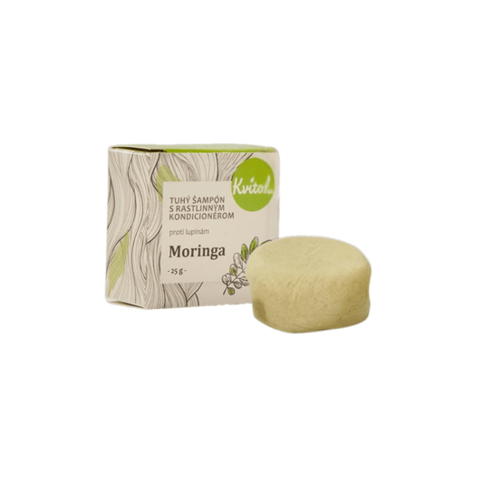 Kvitok tuhý šampon Moringa 25 g, přírodní péče proti lupům, šetrný k citlivé vlasové pokožce.