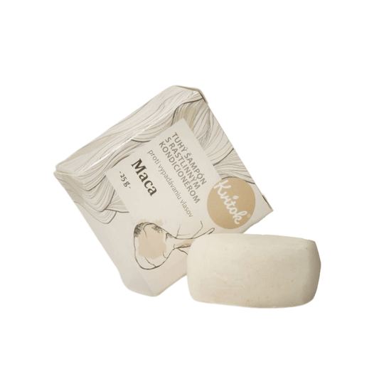Kvitok tuhý šampon s kondicionérem Maca 25 g, přírodní péče pro vlasy a pokožku hlavy.