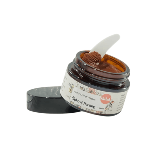 Kvitok Šípkový Peeling pro suchou pleť v 30 ml sklenici s aplikačním nástrojem a přírodními ingrediencemi.