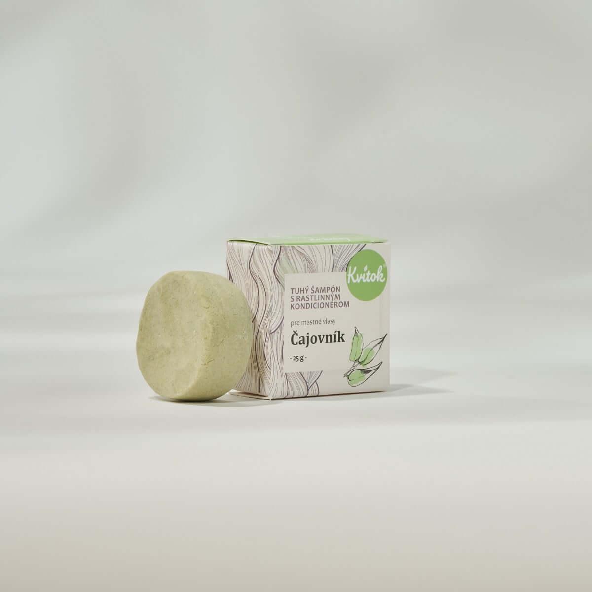 Kvitok tuhý šampon s kondicionérem Čajovník 25 g, přírodní péče pro mastné vlasy, s esenciálním olejem.