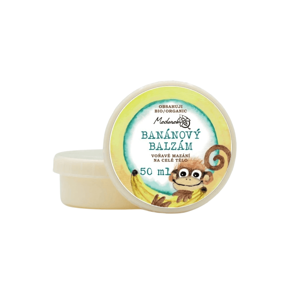 Medarek Banánový balzám 50 ml v obalu s obrázkem opičky, ideální pro citlivou pokožku miminek i dospělých.