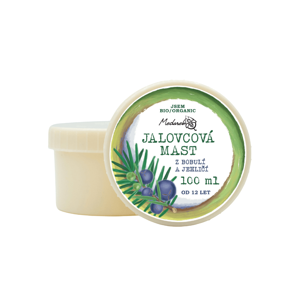 Bio jalovcová mast Medarek, 100 ml, z bobulí a jehličí pro přírodní masáže svalů.