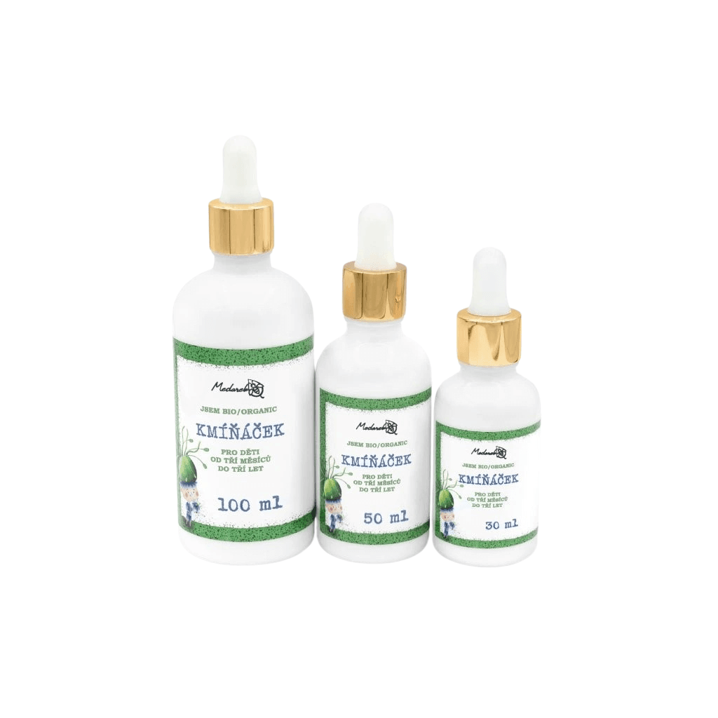 Medarek Kmíňáček Bio - jemný bylinný olej pro péči o miminka, 100 ml, 50 ml a 30 ml balení, 100% přírodní složení.
