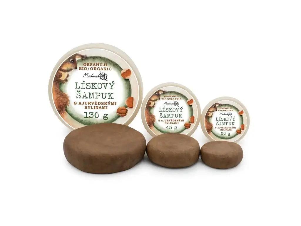 Medarek lískový šampuk s ajurvédskými bylinami, přírodní šampuk pro normální vlasy, 130 g, 45 g a 20 g.
