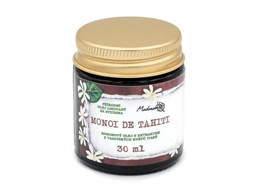 Monoi de Tahiti 30 ml: kokosový olej s květy Tiaré pro vůni a péči o pleť, bez umělých aromat.