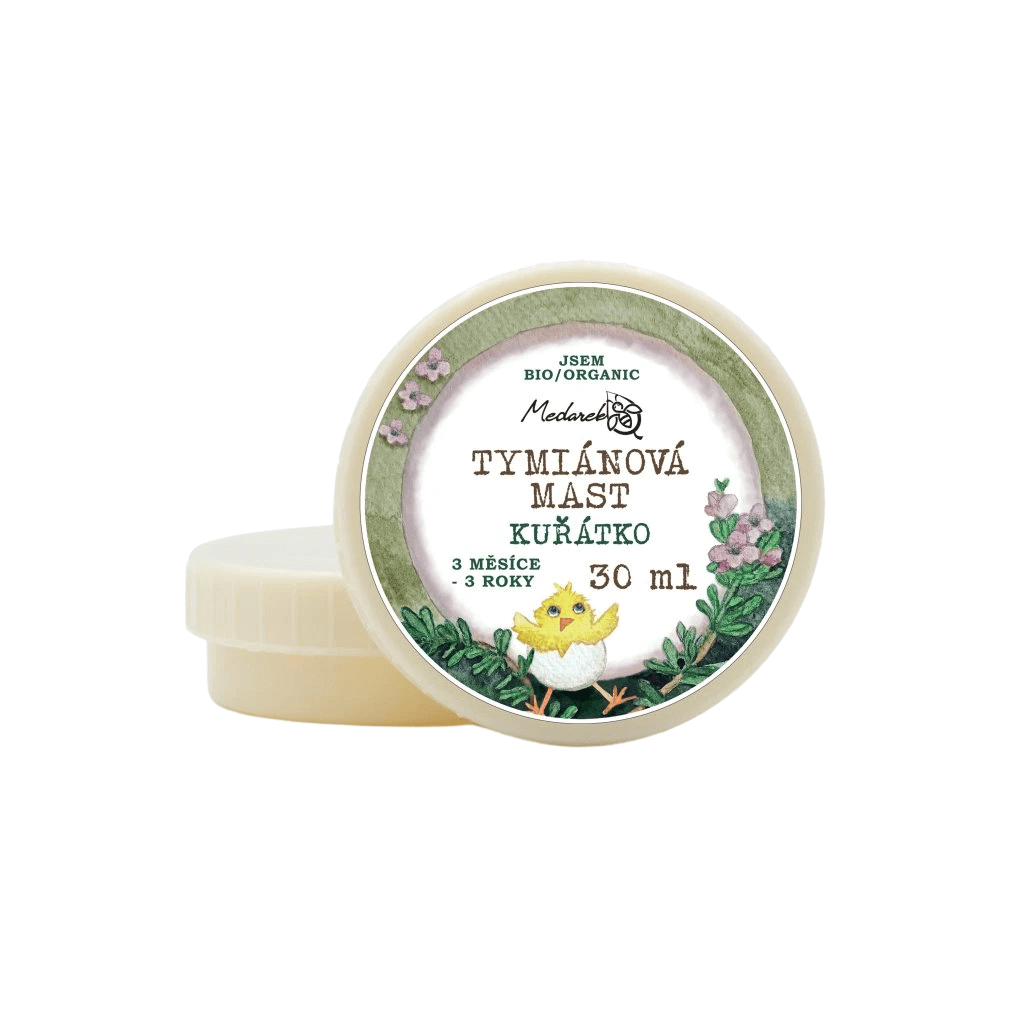 Tymiánová mast Kuřátko 30 ml pro děti od 3 měsíců, 100% bio, ideální na mazaní při sychravém počasí.