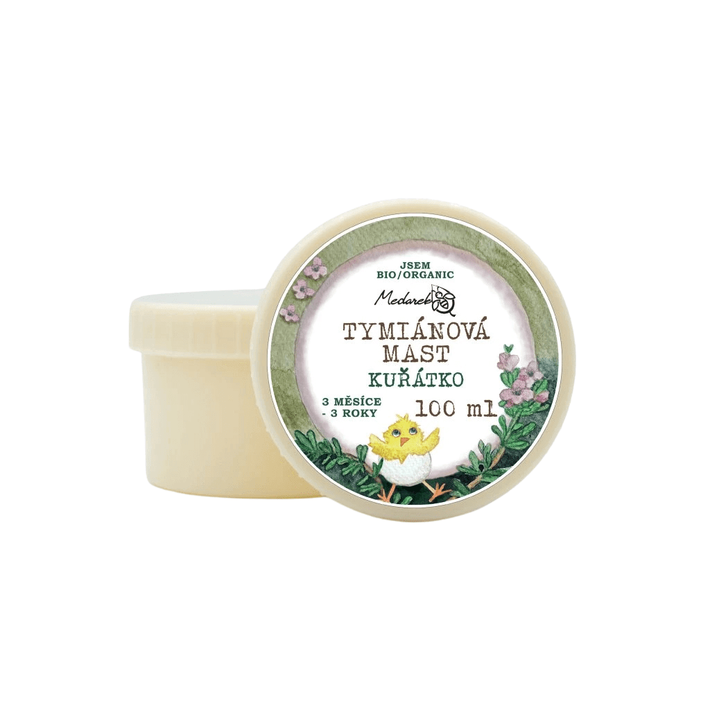 Tymiánová mast Medarek Kuřátko 100 ml, přírodní ochrana pro děti od 3 měsíců, ideální na zádíčka a hrudník.