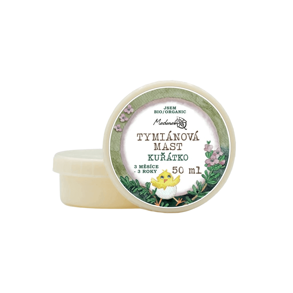 Tymiánová mast Medarek Kuřátko 50 ml, přírodní produkt pro děti od 3 měsíců, ideální na záda a hrudník.