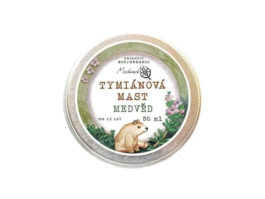 Tymiánová mast Medvěd od Medarek v plechovce 50 ml, přírodní produkt bez chemie pro zdravou pokožku.