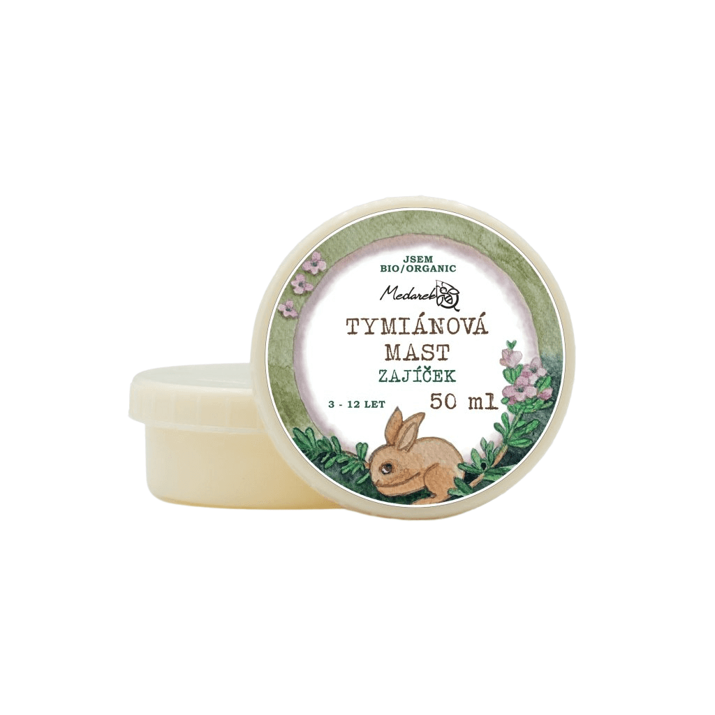Medarek Tymiánová mast Zajíček pro děti 3-12 let, bio kvalita, bez parabenů, ideální pro mazání při chladném počasí.