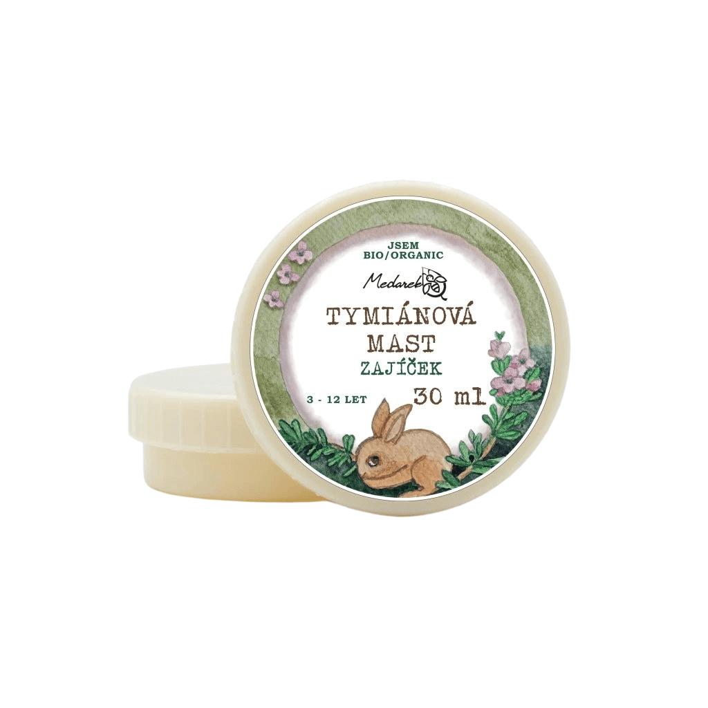 Medarek Tymiánová mast Zajíček 30 ml pro děti 3-12 let, bio kvalita, přírodní ingredience, ideální na záda a hrudník.