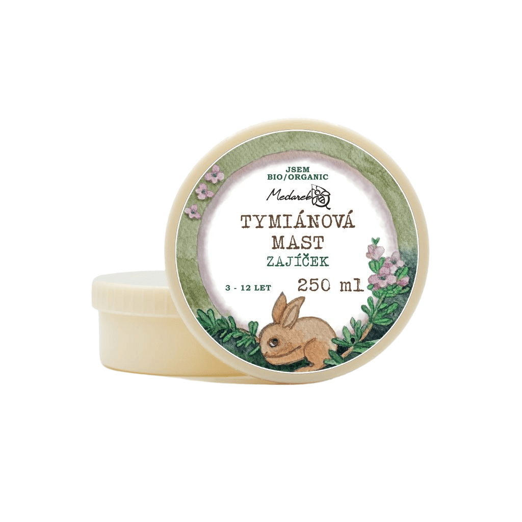 Medarek Tymiánová mast Zajíček 250 ml, ideální pro děti 3-12 let, vyrobeno z 100% přírodních surovin.