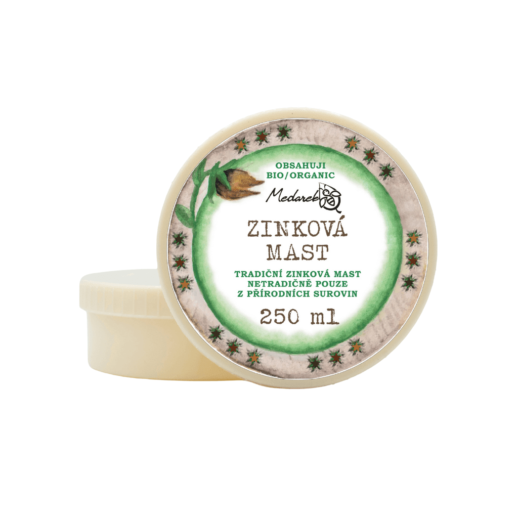 Medarek Zinková mast 250 ml, přírodní zinková mast bez parabenů pro děti od narození, obsahuje bio jojobový olej a bambucké máslo.