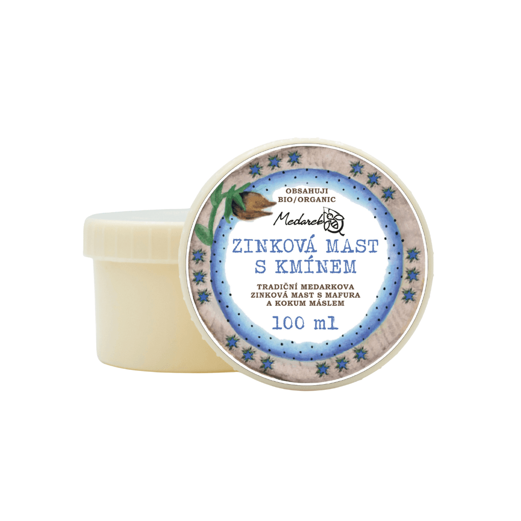 Zinková mast s kmínem od Medarek v praktickém balení, ideální pro citlivou pokožku a děti, 100% přírodní složení.